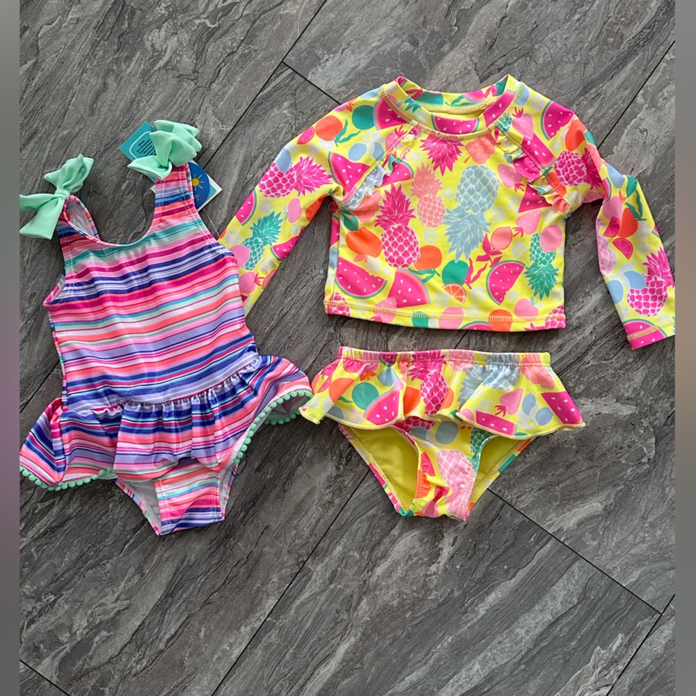 Girls Neon‎ Pineapple Swim Set + Striped One-Piece - Bright Yellow & Pink LOT